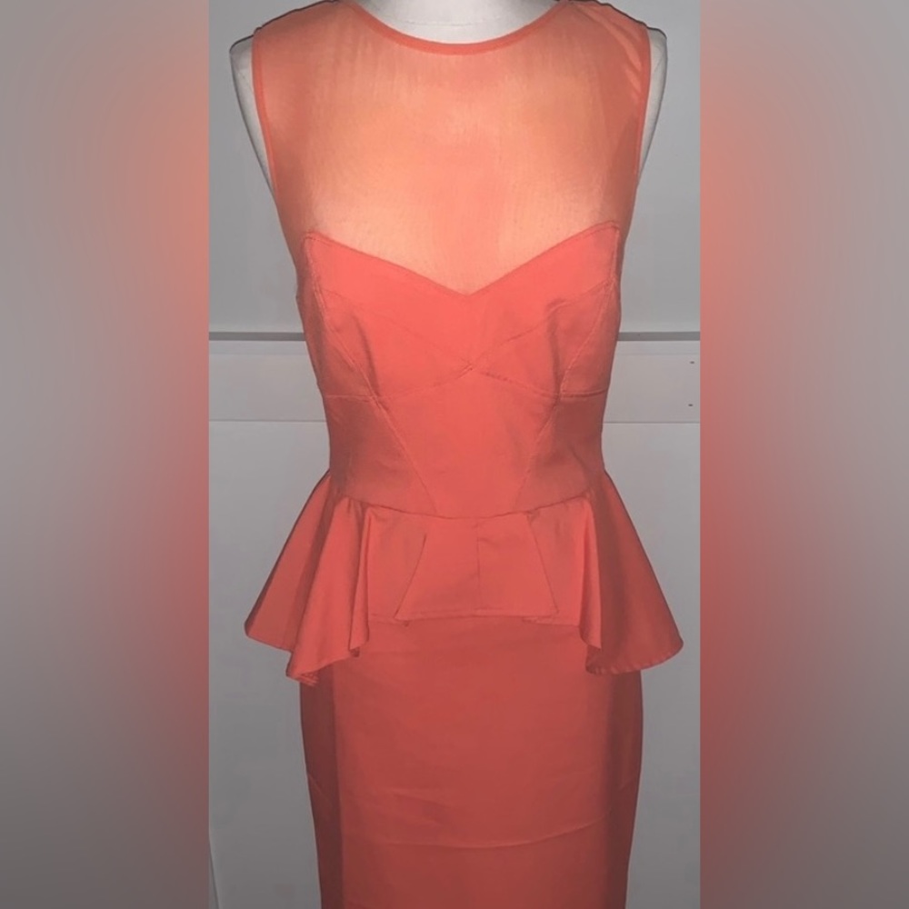 JustFab Coral/Peach Peplum Dress Mesh Bust Line Size M. Knee length, Sleeveless